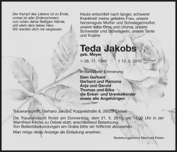 Traueranzeige von Teda Jakobs von Ostfrisischer Kurier