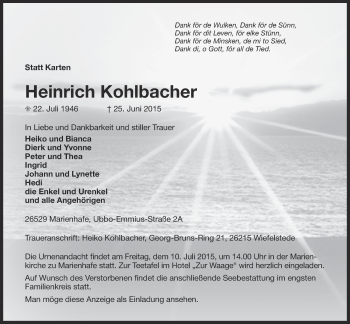 Traueranzeige von Heinrich Kohlbacher 