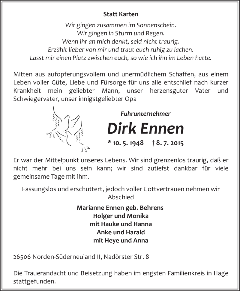  Traueranzeige für Dirk Ennen vom 14.07.2015 aus 