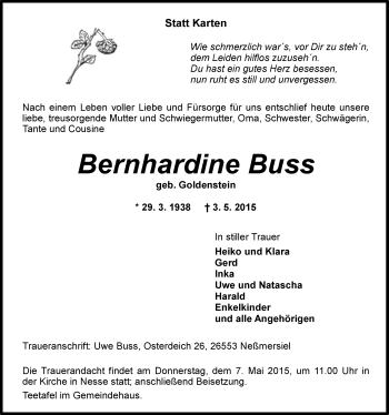 Traueranzeige von Bernhardine Buss 