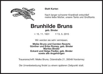 Traueranzeige von Brunhilde Bruns von Ostfrisischer Kurier