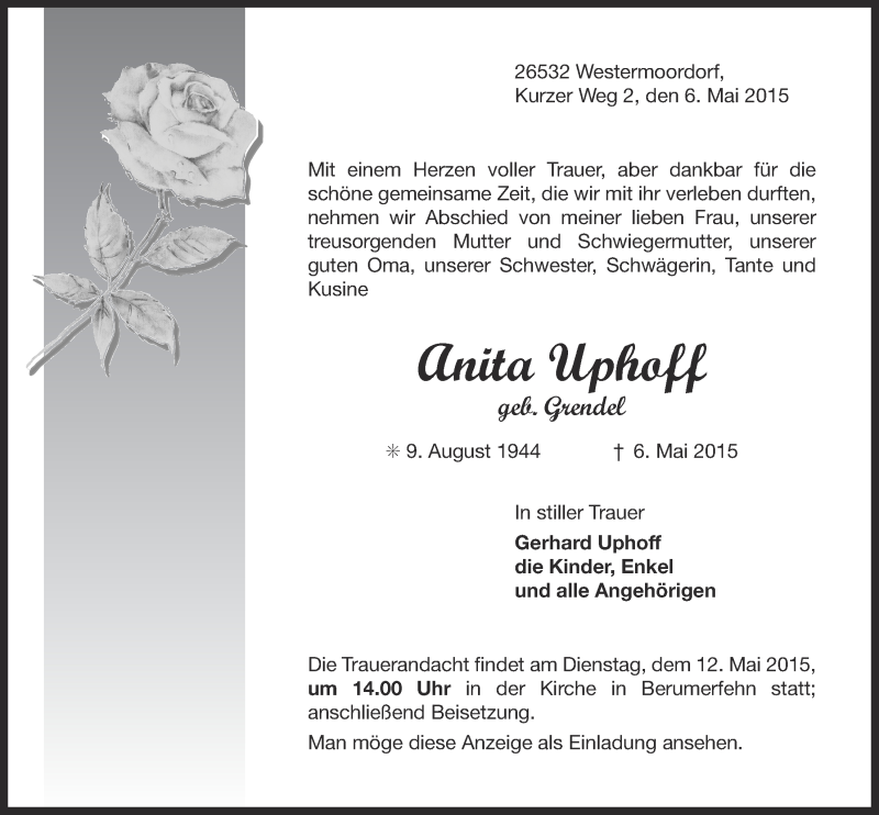  Traueranzeige für Anita Uphoff vom 07.05.2015 aus 