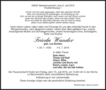 Traueranzeige von Frieda Wunder 
