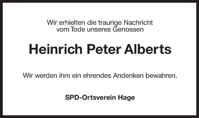  Traueranzeige für Heinrich Peter Alberts vom 20.05.2015 aus 