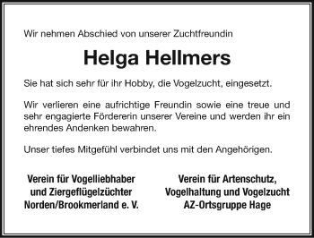 Traueranzeige von Helga Hellmers von Ostfriesischer Kurier