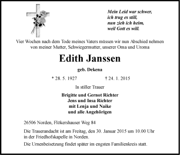 Traueranzeige von Edith Janssen von Ostfriesischer Kurier