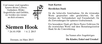 Traueranzeige von Siemen Hook von Ostfriesischer Kurier