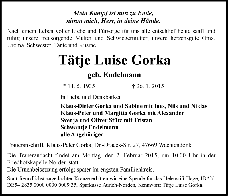  Traueranzeige für Tätje Luise Gorka vom 28.01.2015 aus Ostfriesischer Kurier