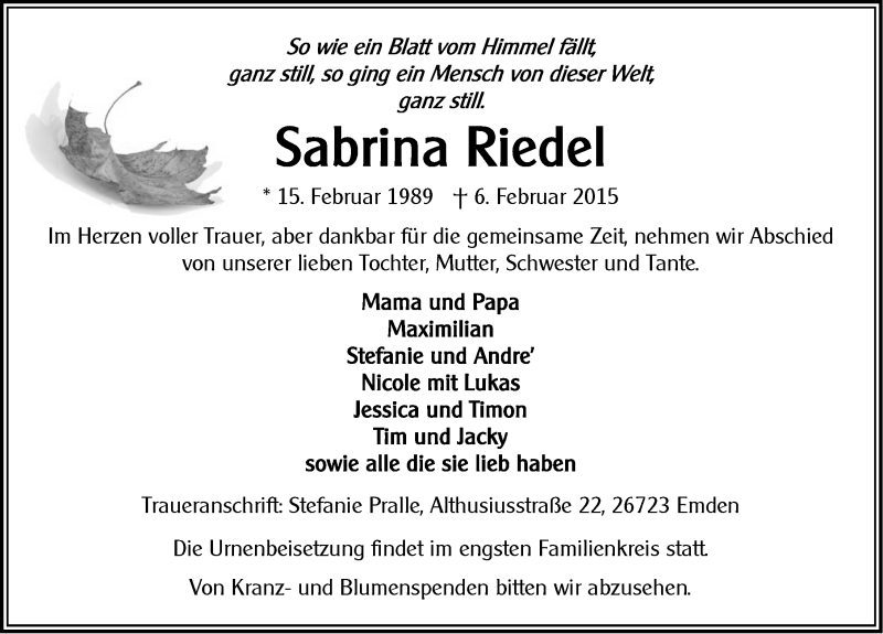  Traueranzeige für Sabrina Riedel vom 12.02.2015 aus Ostfriesischer Kurier