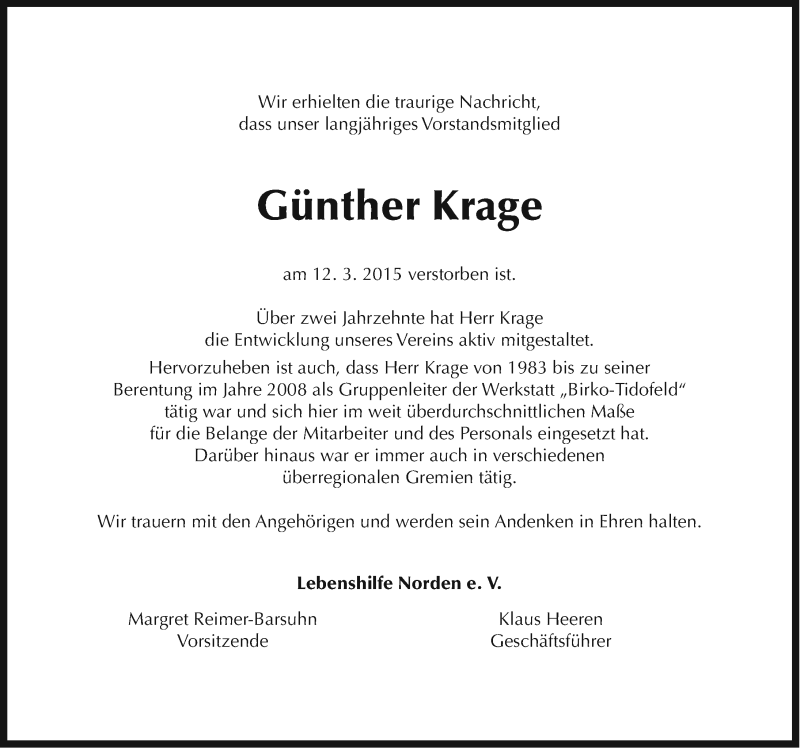  Traueranzeige für Günther Krage vom 14.03.2015 aus Ostfriesischer Kurier