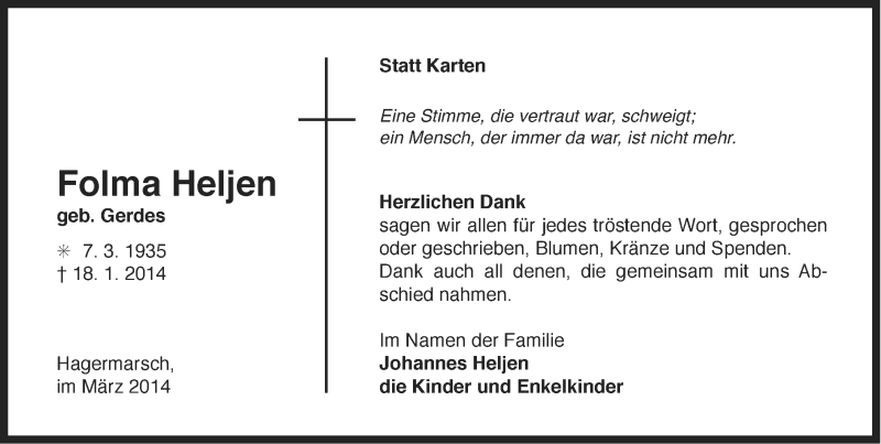  Traueranzeige für Folma Heljen vom 01.03.2014 aus Ostfrisischer Kurier
