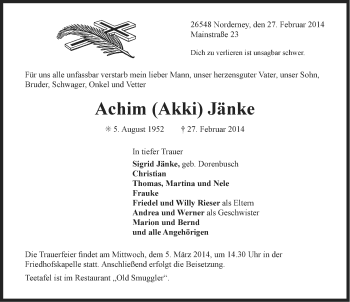 Traueranzeige von Achim Jänke von Ostfrisischer Kurier