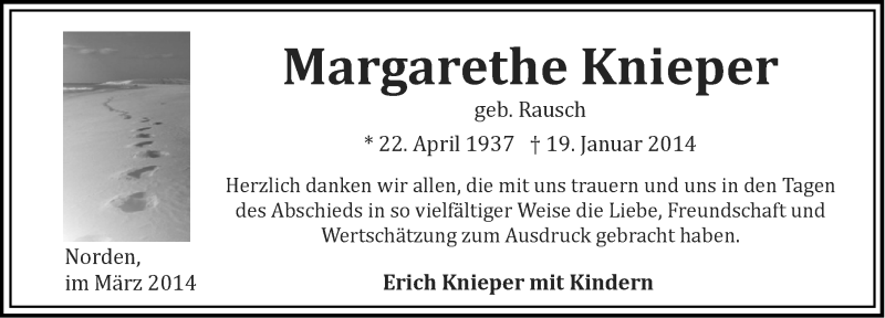 Traueranzeige für Margarethe Knieper vom 01.03.2014 aus Ostfrisischer Kurier