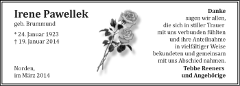Traueranzeige von Irene Pawellek von Ostfrisischer Kurier