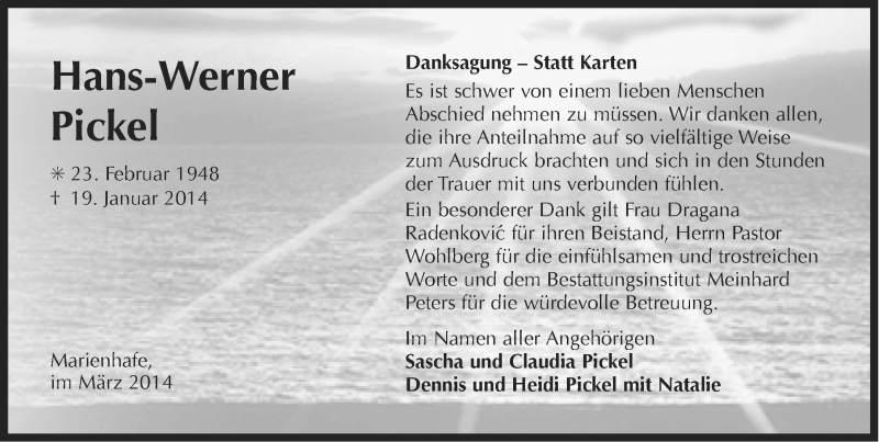 Traueranzeige für Hans-Werner Pickel vom 01.03.2014 aus Ostfrisischer Kurier