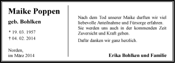 Traueranzeige von Maike Poppen von Ostfrisischer Kurier
