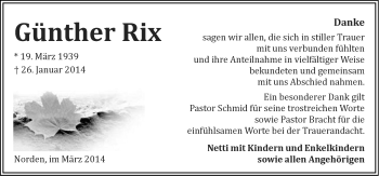 Traueranzeige von Günther Rix von Ostfrisischer Kurier