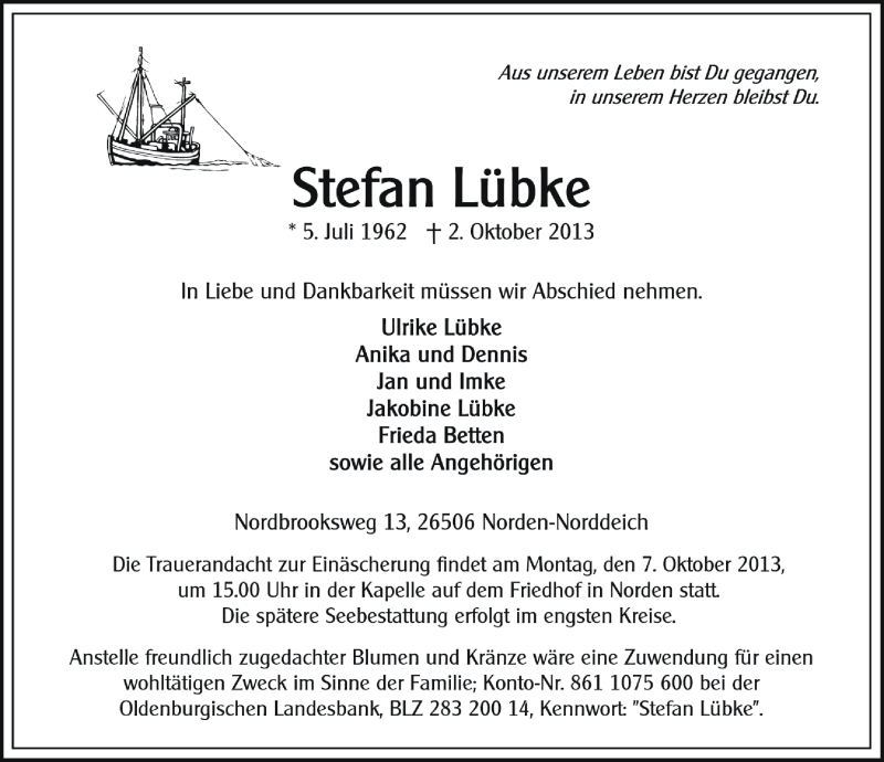  Traueranzeige für Stefan Lübke vom 04.10.2013 aus Ostfrisischer Kurier