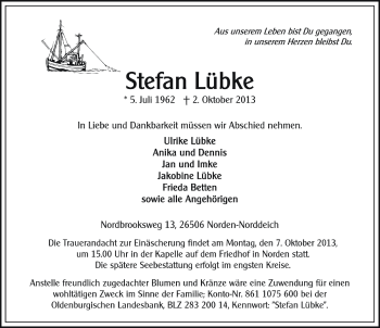 Traueranzeige von Stefan Lübke von Ostfrisischer Kurier