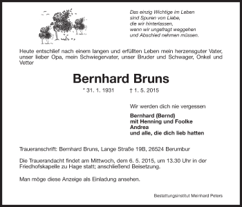 Traueranzeige von Bernhard Bruns 