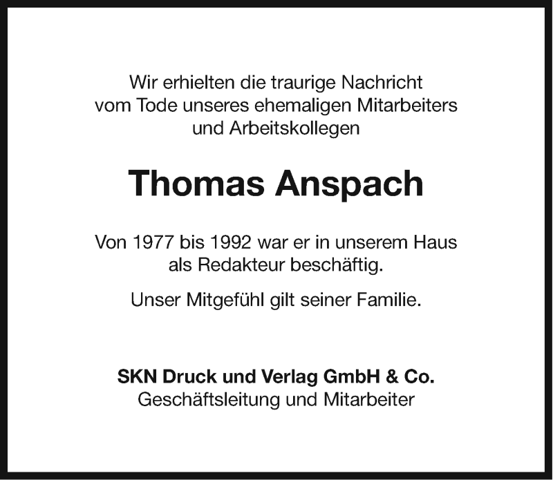  Traueranzeige für Thomas Anspach vom 31.03.2015 aus Ostfriesischer Kurier