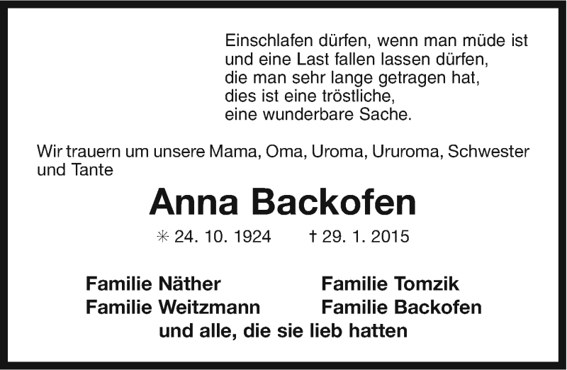 Traueranzeigen von Anna Backofen | OK-Trauer.de