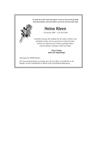 Traueranzeige von Heino Kleen 