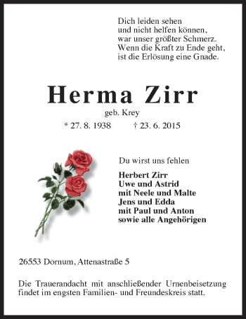 Traueranzeige von Herma Zirr 