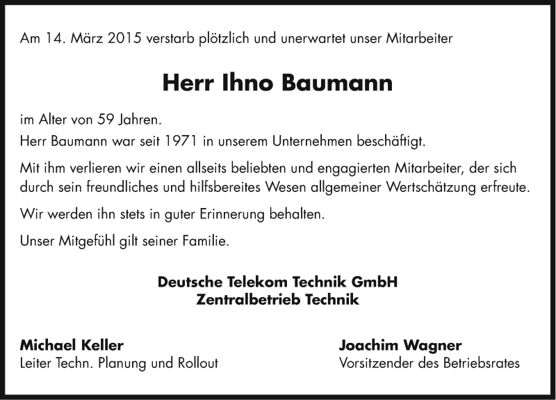  Traueranzeige für Ihno Baumann vom 20.03.2015 aus Ostfriesischer Kurier