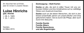 Traueranzeige von Luise Hinrichs von Ostfriesischer Kurier