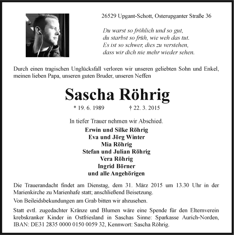  Traueranzeige für Sascha Röhrig vom 28.03.2015 aus Ostfriesischer Kurier