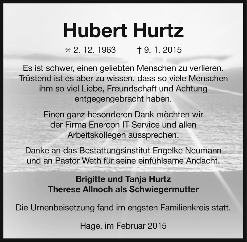  Traueranzeige für Hubert Hurtz vom 07.02.2015 aus Ostfriesischer Kurier