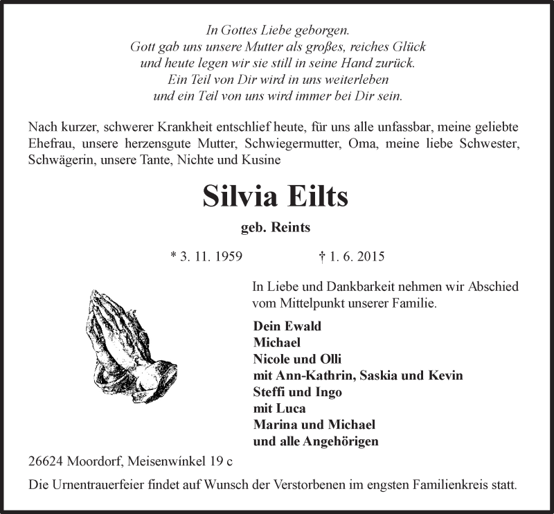  Traueranzeige für Silvia Eilts vom 04.06.2015 aus 