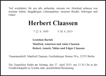 Traueranzeige von Herbert Claassen 