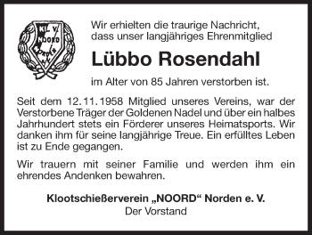 Traueranzeige von Lübbo Rosendahl 