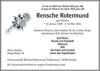 Traueranzeige von Rensche Rotermund von Ostfrisischer Kurier