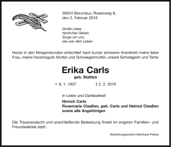Traueranzeige von Erika Carls von Ostfriesischer Kurier