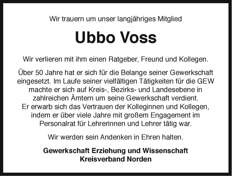  Traueranzeige für Ubbo Voss vom 21.02.2015 aus Ostfriesischer Kurier