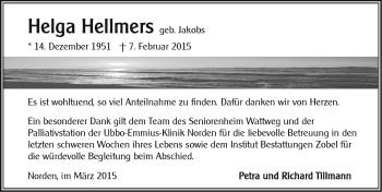 Traueranzeige von Helga Hellmers von Ostfriesischer Kurier