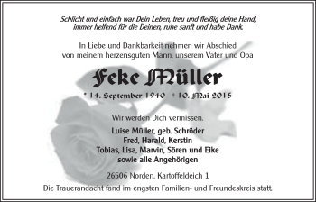 Traueranzeige von Feke Müller von Ostfrisischer Kurier