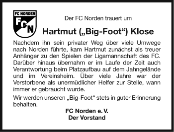 Traueranzeige von Hartmut  Klose von Ostfriesischer Kurier