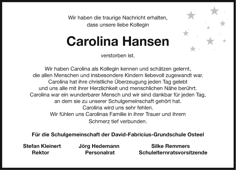  Traueranzeige für Carolina Hansen vom 19.02.2015 aus Ostfriesischer Kurier