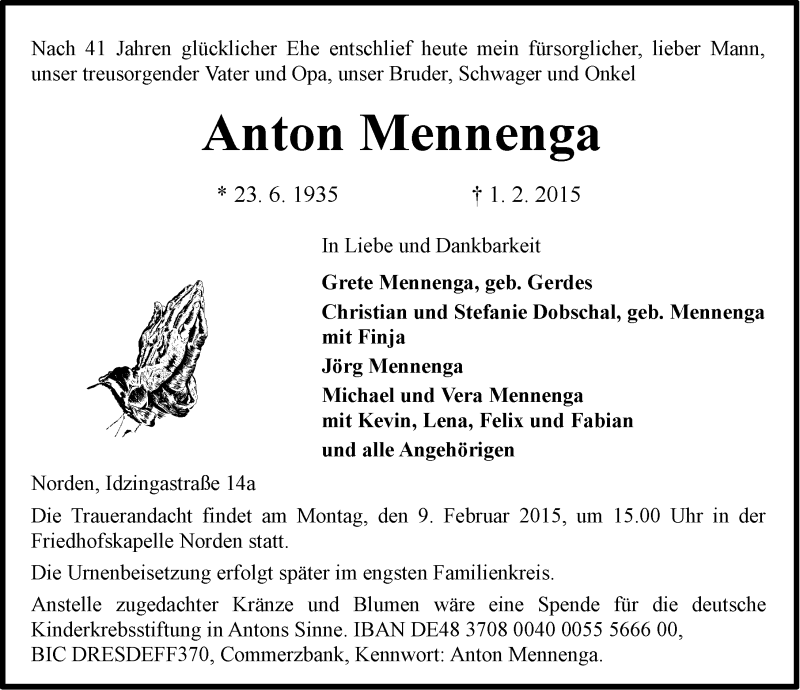  Traueranzeige für Anton Mennenga vom 04.02.2015 aus Ostfriesischer Kurier