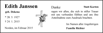 Traueranzeige von Edith Janssen von Ostfriesischer Kurier