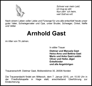 Traueranzeige von Arnhold Gast von Ostfriesischer Kurier