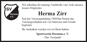 Traueranzeige von Herma Zirr 