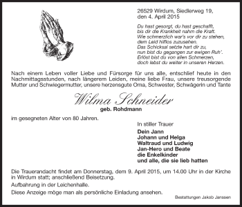 Traueranzeige von Wilma Schneider 