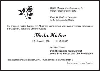 Traueranzeige von Theda Hicken 