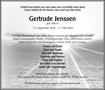 Traueranzeige von Gertrude Jenssen 