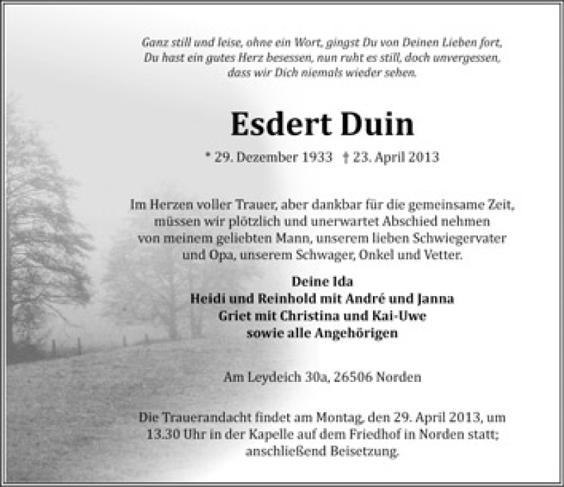  Traueranzeige für Esdert Duin vom 25.04.2013 aus Ostfrisischer Kurier